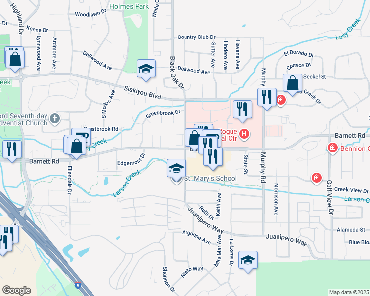 map of restaurants, bars, coffee shops, grocery stores, and more near East Barnett Road & Black Oak Drive in Medford