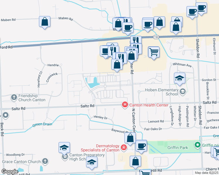 map of restaurants, bars, coffee shops, grocery stores, and more near 45746 South Stonewood Road in Canton
