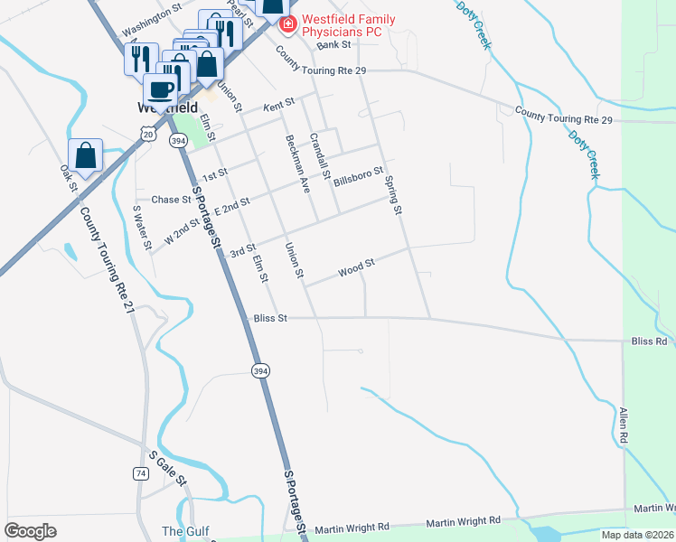 map of restaurants, bars, coffee shops, grocery stores, and more near 15 Wood Street in Westfield