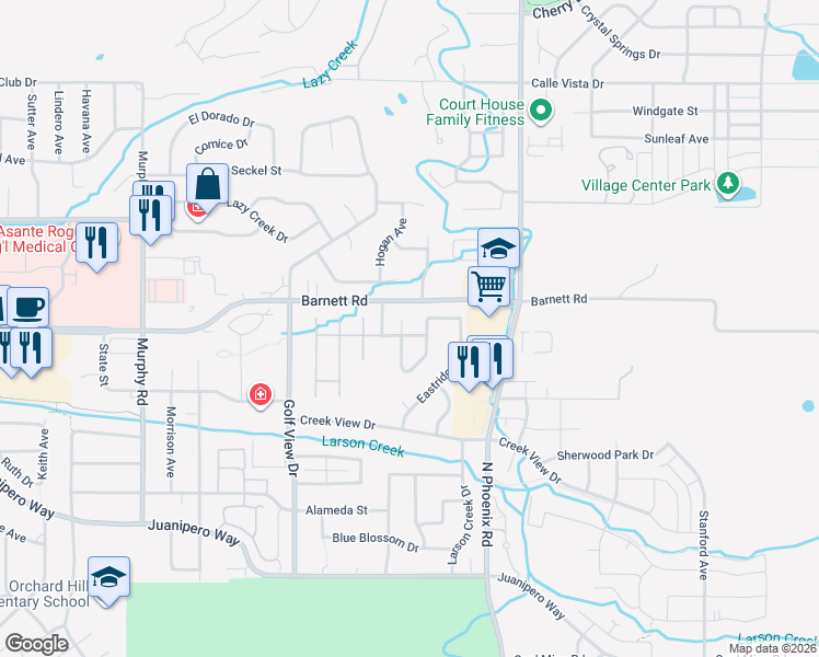 map of restaurants, bars, coffee shops, grocery stores, and more near 695 Mountain View Drive in Medford
