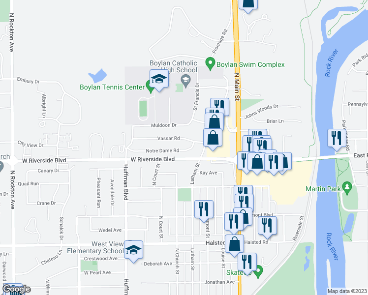 map of restaurants, bars, coffee shops, grocery stores, and more near 1423 Notre Dame Road in Rockford