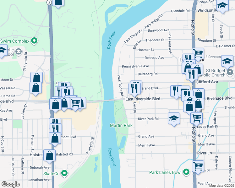 map of restaurants, bars, coffee shops, grocery stores, and more near 5916 Park Ridge Road in Loves Park