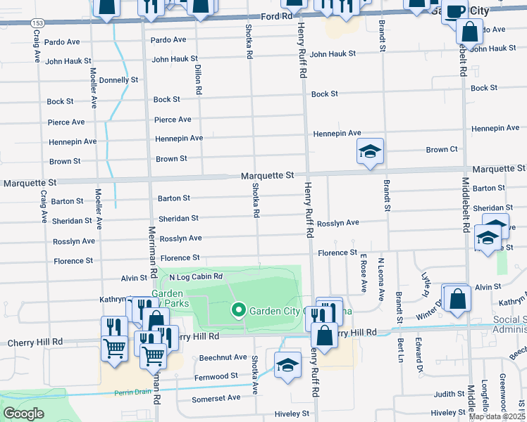 map of restaurants, bars, coffee shops, grocery stores, and more near 30634 Sheridan Street in Garden City