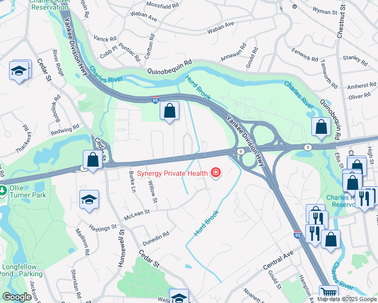 map of restaurants, bars, coffee shops, grocery stores, and more near 31 Lantern Lane in Wellesley