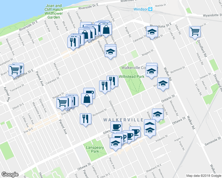 map of restaurants, bars, coffee shops, grocery stores, and more near 993 Lincoln Road in Windsor