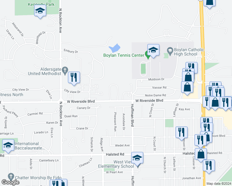 map of restaurants, bars, coffee shops, grocery stores, and more near 1915 West Riverside Boulevard in Rockford