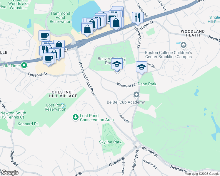 map of restaurants, bars, coffee shops, grocery stores, and more near 48 Laurel Road in Brookline