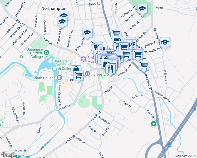 map of restaurants, bars, coffee shops, grocery stores, and more near 35 Massachusetts 10 in Northampton