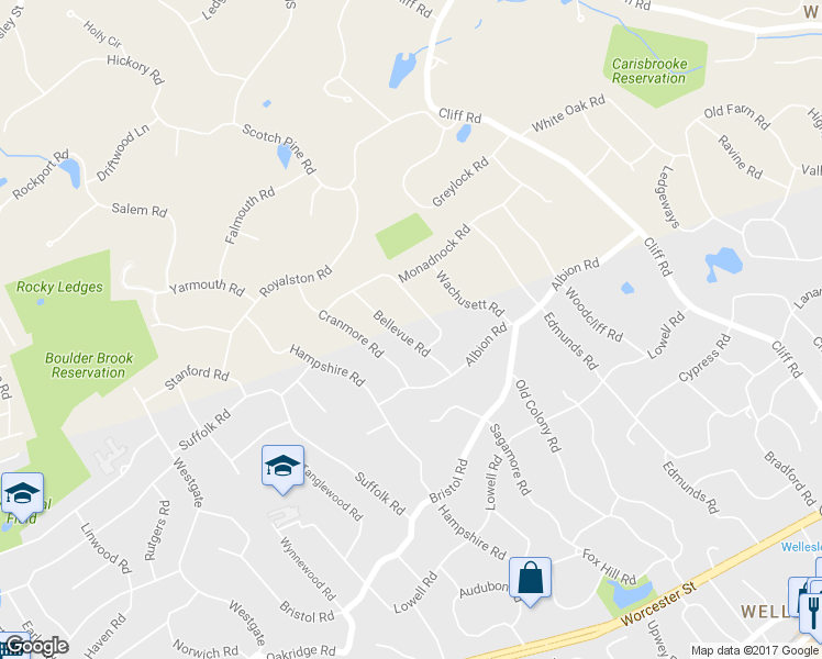 map of restaurants, bars, coffee shops, grocery stores, and more near 23 Bellevue in Wellesley