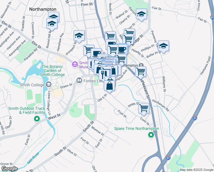 map of restaurants, bars, coffee shops, grocery stores, and more near 42 Old South Street in Northampton