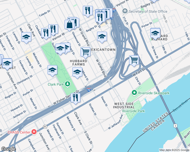 map of restaurants, bars, coffee shops, grocery stores, and more near 1015 Vinewood Street in Detroit