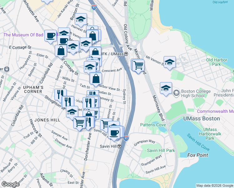 map of restaurants, bars, coffee shops, grocery stores, and more near 62-64 Sudan Street in Boston