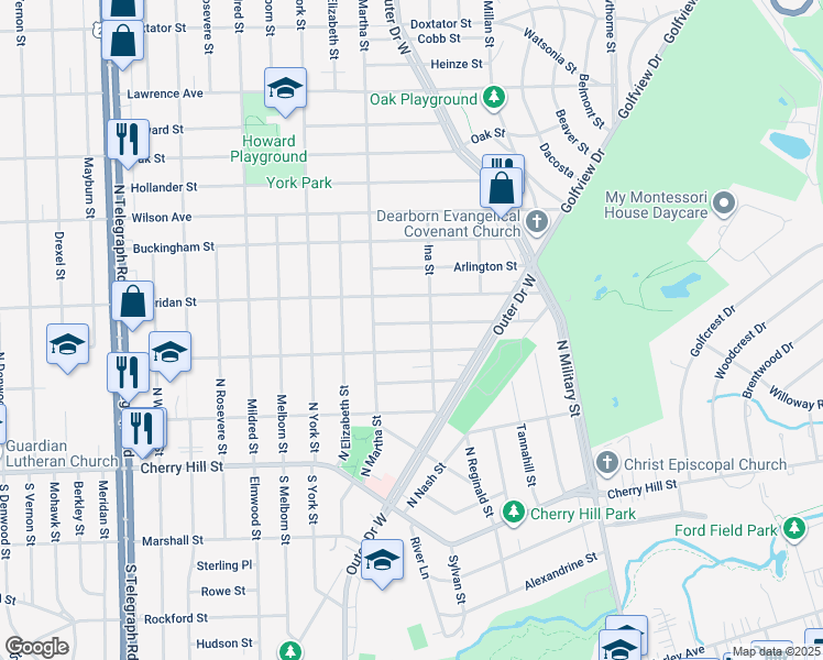 map of restaurants, bars, coffee shops, grocery stores, and more near 23021 Marlboro Street in Dearborn