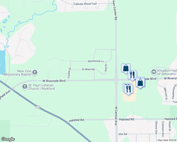 map of restaurants, bars, coffee shops, grocery stores, and more near 4266 Saint Malo Road in Rockford