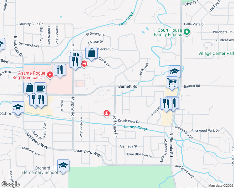map of restaurants, bars, coffee shops, grocery stores, and more near 713 Golf View Drive in Medford