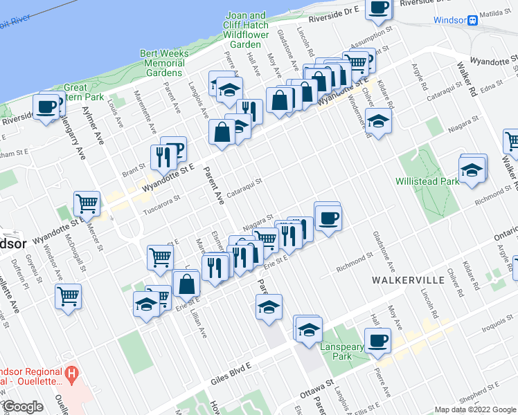 map of restaurants, bars, coffee shops, grocery stores, and more near 868 Langlois Avenue in Windsor