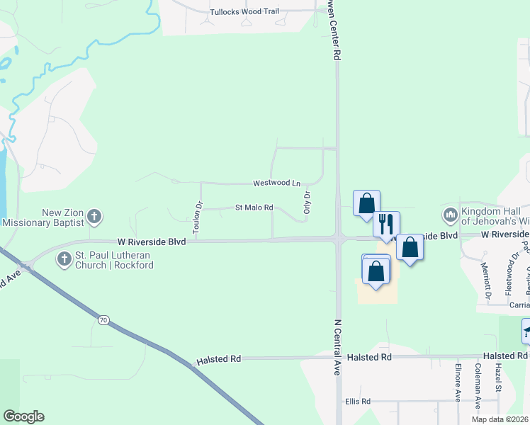 map of restaurants, bars, coffee shops, grocery stores, and more near 4266 Saint Malo Road in Rockford