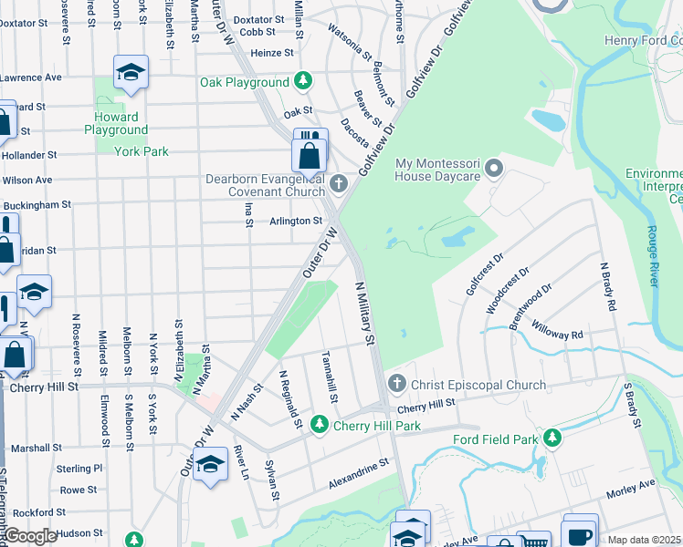 map of restaurants, bars, coffee shops, grocery stores, and more near 654 Kensington Street in Dearborn
