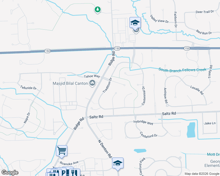 map of restaurants, bars, coffee shops, grocery stores, and more near 1636 Tradition Drive in Canton