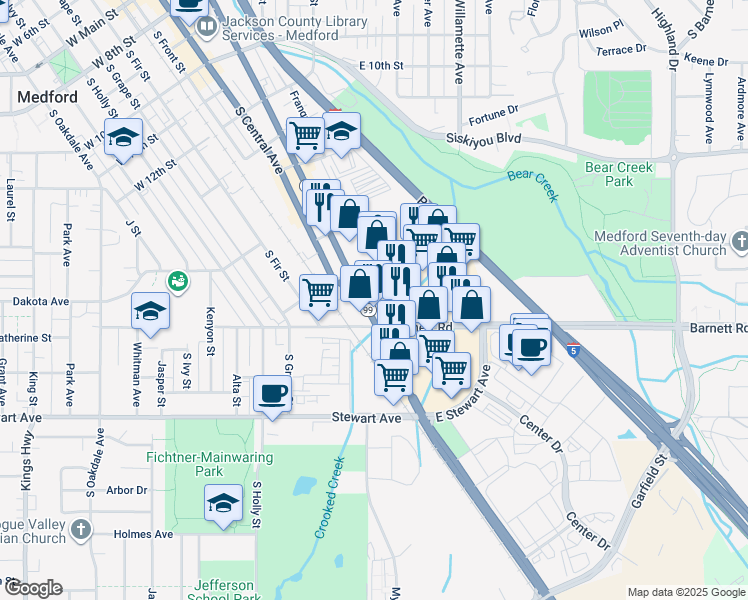 map of restaurants, bars, coffee shops, grocery stores, and more near 235 East Barnett Road in Medford