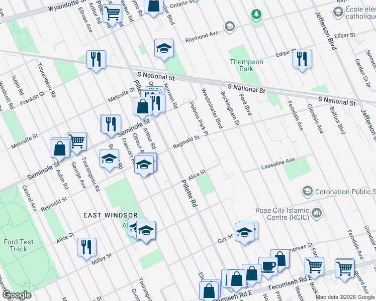 map of restaurants, bars, coffee shops, grocery stores, and more near 1620 Olive Road in Windsor