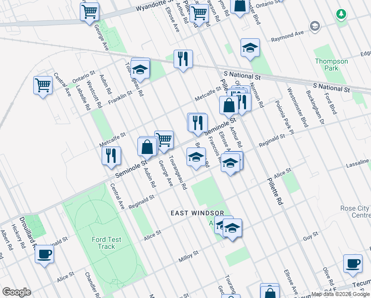map of restaurants, bars, coffee shops, grocery stores, and more near 1512 Rossini Boulevard in Windsor