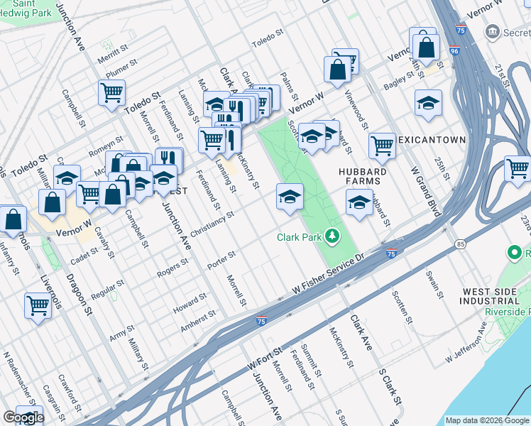 map of restaurants, bars, coffee shops, grocery stores, and more near 1460 Lansing Street in Detroit