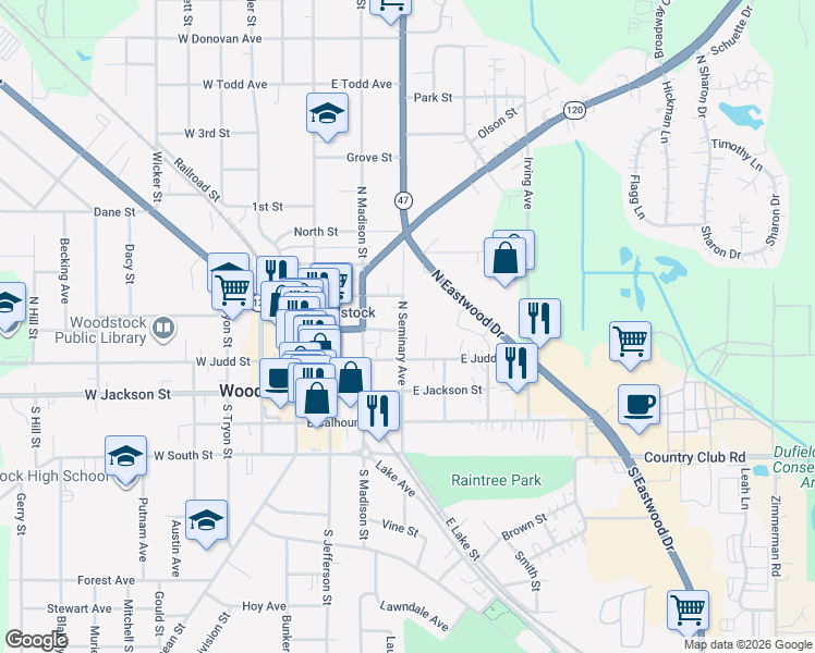 map of restaurants, bars, coffee shops, grocery stores, and more near 232 Church Court in Woodstock