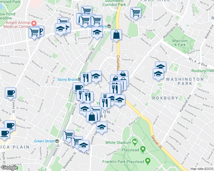 map of restaurants, bars, coffee shops, grocery stores, and more near 5 Arcadia Street in Boston