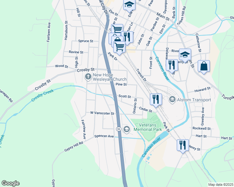 map of restaurants, bars, coffee shops, grocery stores, and more near 34 Scott Street in Hornell