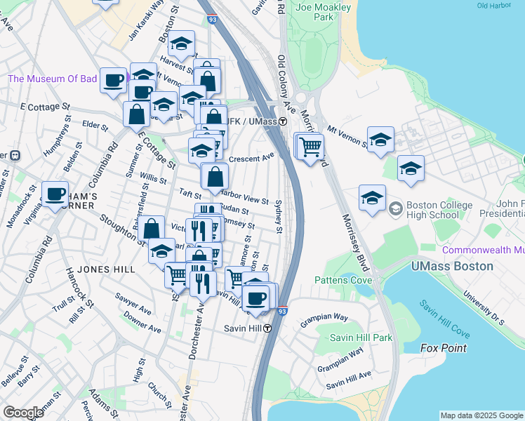 map of restaurants, bars, coffee shops, grocery stores, and more near 62-64 Sudan Street in Boston