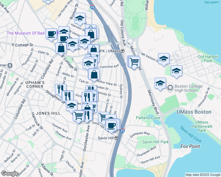 map of restaurants, bars, coffee shops, grocery stores, and more near 62-64 Sudan Street in Boston
