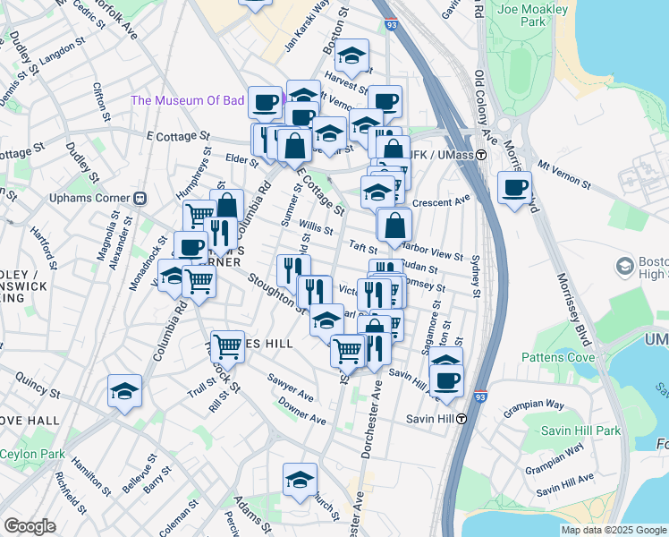 map of restaurants, bars, coffee shops, grocery stores, and more near 31 Pleasant Street in Boston