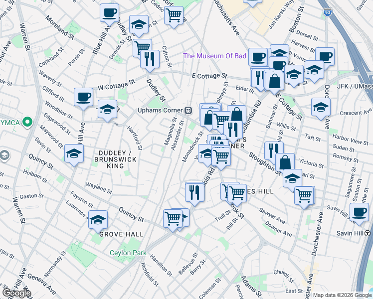 map of restaurants, bars, coffee shops, grocery stores, and more near 28 Monadnock Street in Boston