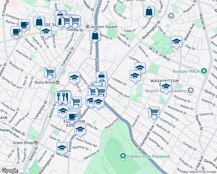 map of restaurants, bars, coffee shops, grocery stores, and more near 3028 Washington Street in Boston