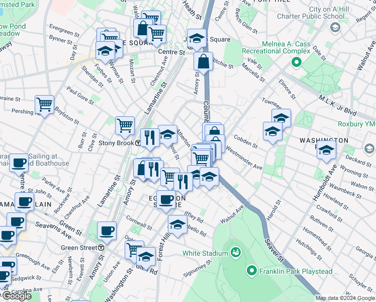 map of restaurants, bars, coffee shops, grocery stores, and more near 5 Arcadia Street in Boston