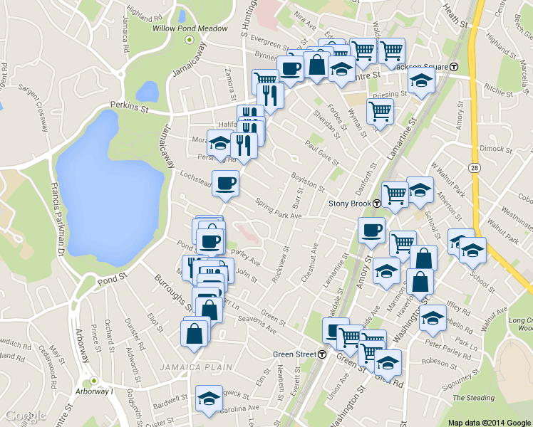 map of restaurants, bars, coffee shops, grocery stores, and more near 41 Spring Park Avenue in Boston