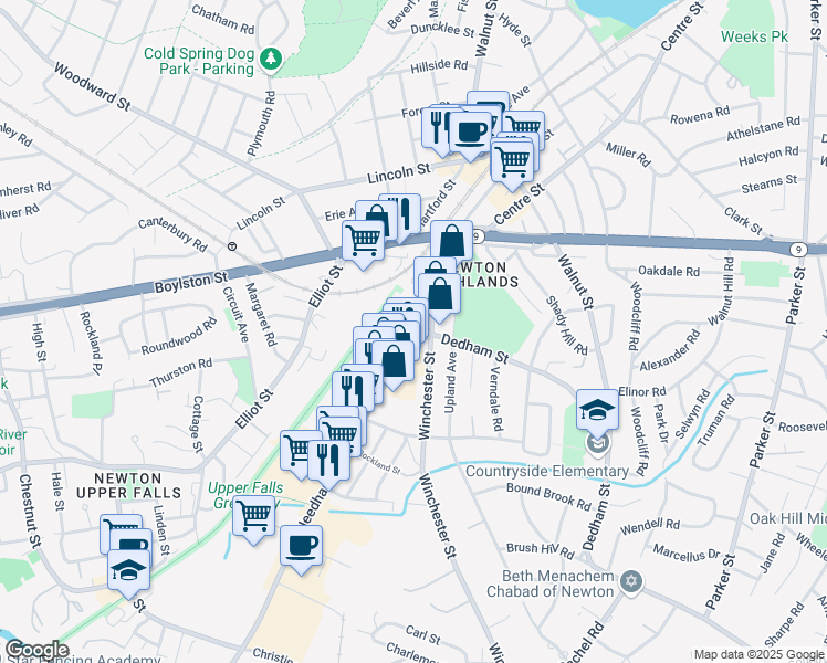 map of restaurants, bars, coffee shops, grocery stores, and more near 9 Needham Street in Newton