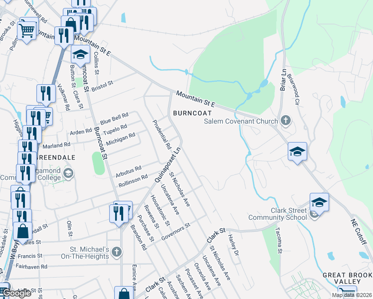 map of restaurants, bars, coffee shops, grocery stores, and more near 130 Quinapoxet Lane in Worcester