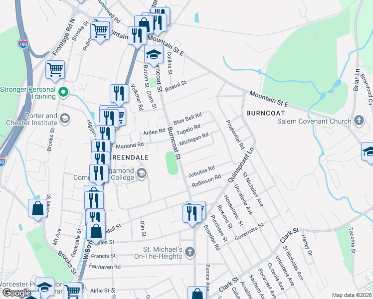 map of restaurants, bars, coffee shops, grocery stores, and more near 5 Birmingham Road in Worcester