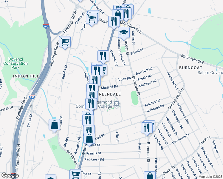 map of restaurants, bars, coffee shops, grocery stores, and more near 20 Marland Road in Worcester