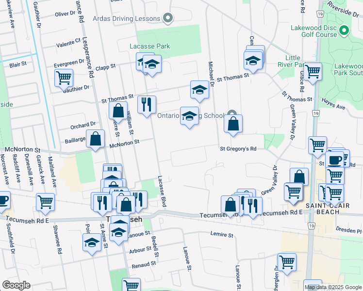 map of restaurants, bars, coffee shops, grocery stores, and more near 12734 Horwood Crescent in Windsor