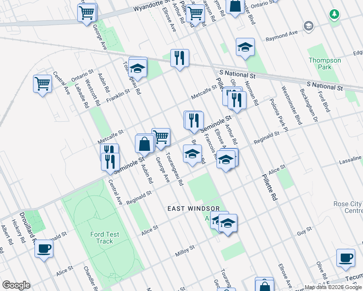 map of restaurants, bars, coffee shops, grocery stores, and more near 1512 Rossini Boulevard in Windsor
