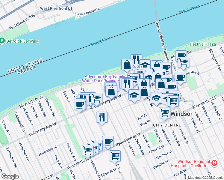map of restaurants, bars, coffee shops, grocery stores, and more near in Windsor
