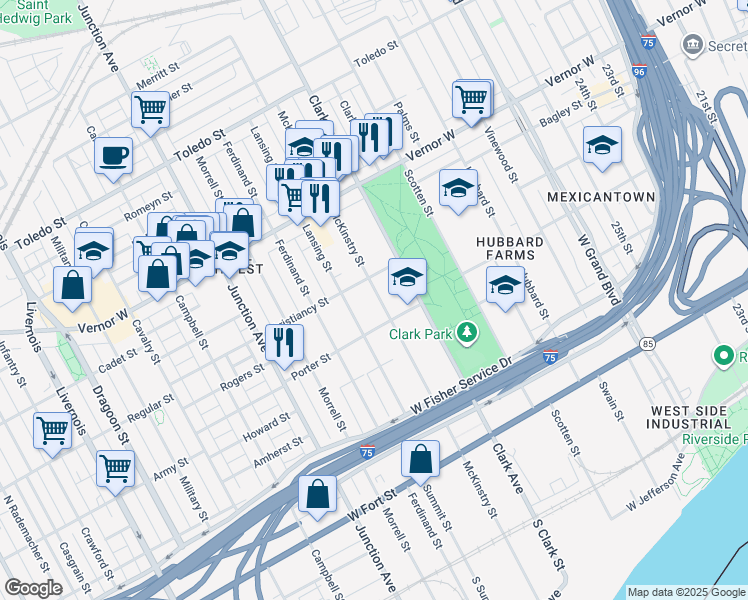 map of restaurants, bars, coffee shops, grocery stores, and more near 1460 Lansing Street in Detroit