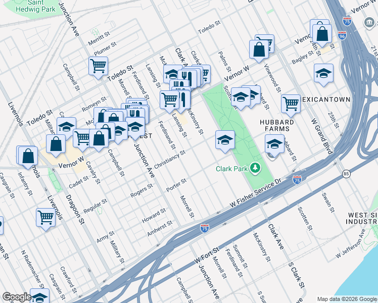 map of restaurants, bars, coffee shops, grocery stores, and more near 4723 Christiancy Street in Detroit