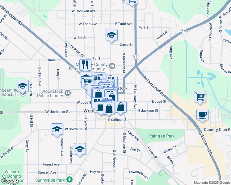 map of restaurants, bars, coffee shops, grocery stores, and more near 201 Illinois 120 in Woodstock