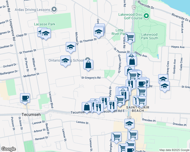 map of restaurants, bars, coffee shops, grocery stores, and more near 13094 Saint Gregory's Road in Windsor