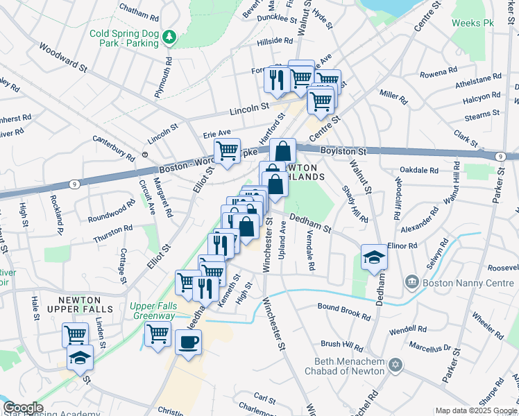 map of restaurants, bars, coffee shops, grocery stores, and more near 9 Needham Street in Newton