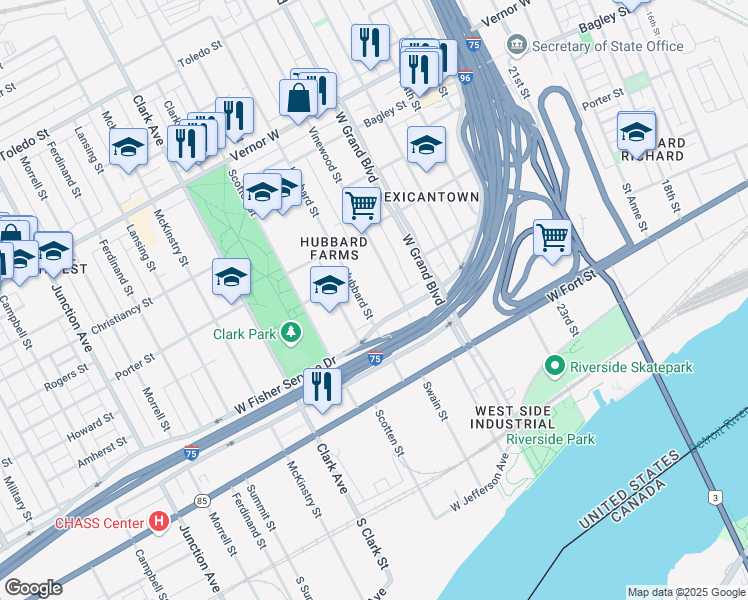 map of restaurants, bars, coffee shops, grocery stores, and more near 1044 Hubbard Street in Detroit